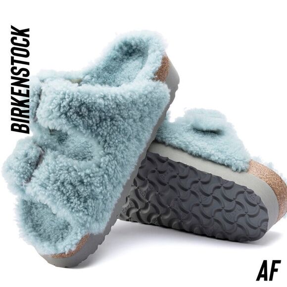BIRKENSTOCK ARIZONA BIG BUCKLE SHEARLING SANDALS IN TEDDY FADED AQUA NWT SIZE 37 - Picture 2 of 6